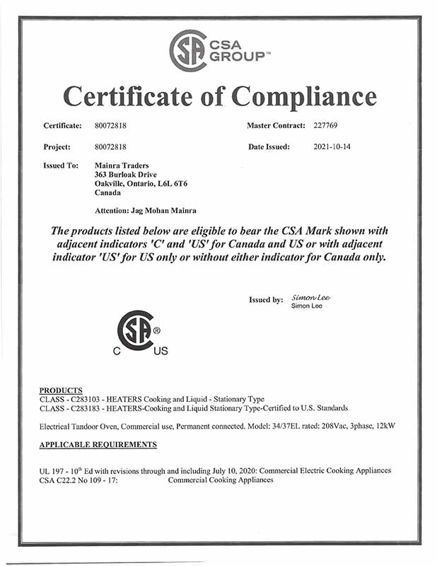 Electric Tandoor CSA Certificate of Compliance